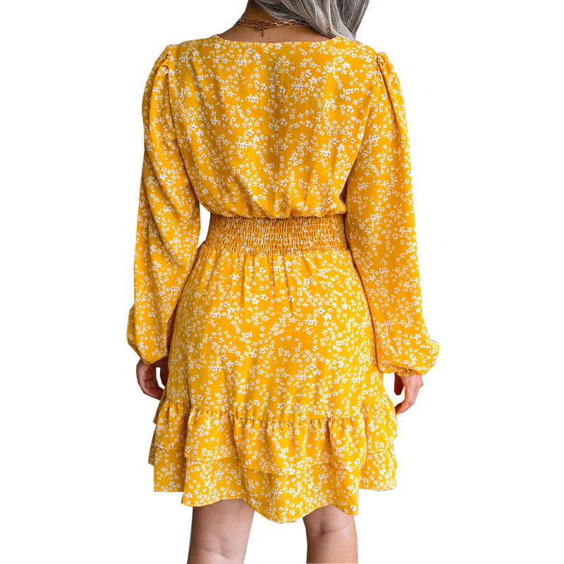 Sexy Floral Chiffon Dress V-Neck Long Sleeve High Waist A-Line Midi