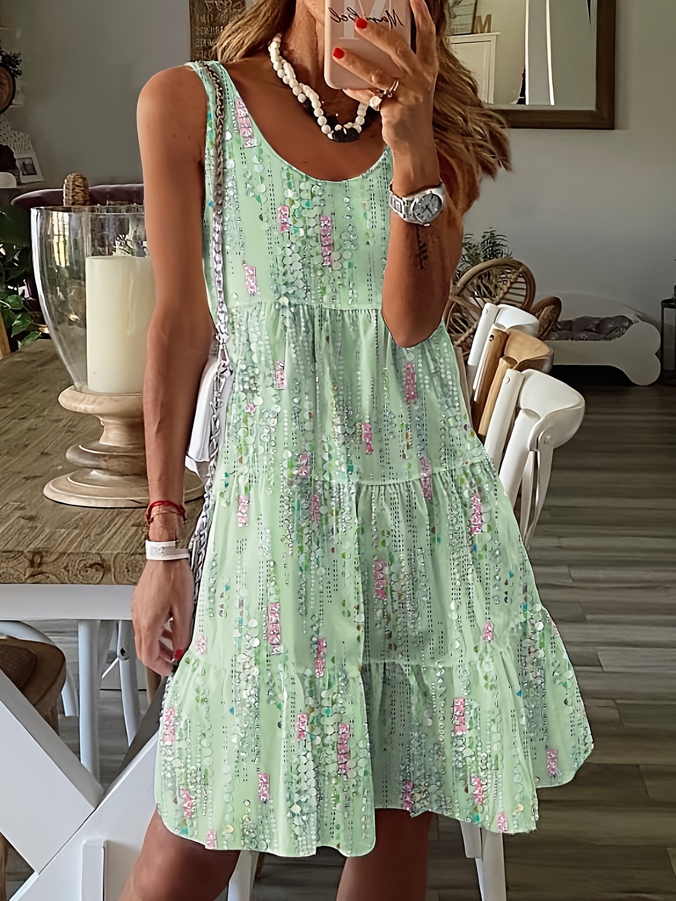 Floral Print Sleeveless Midi Dress Loose Round Neck Casual