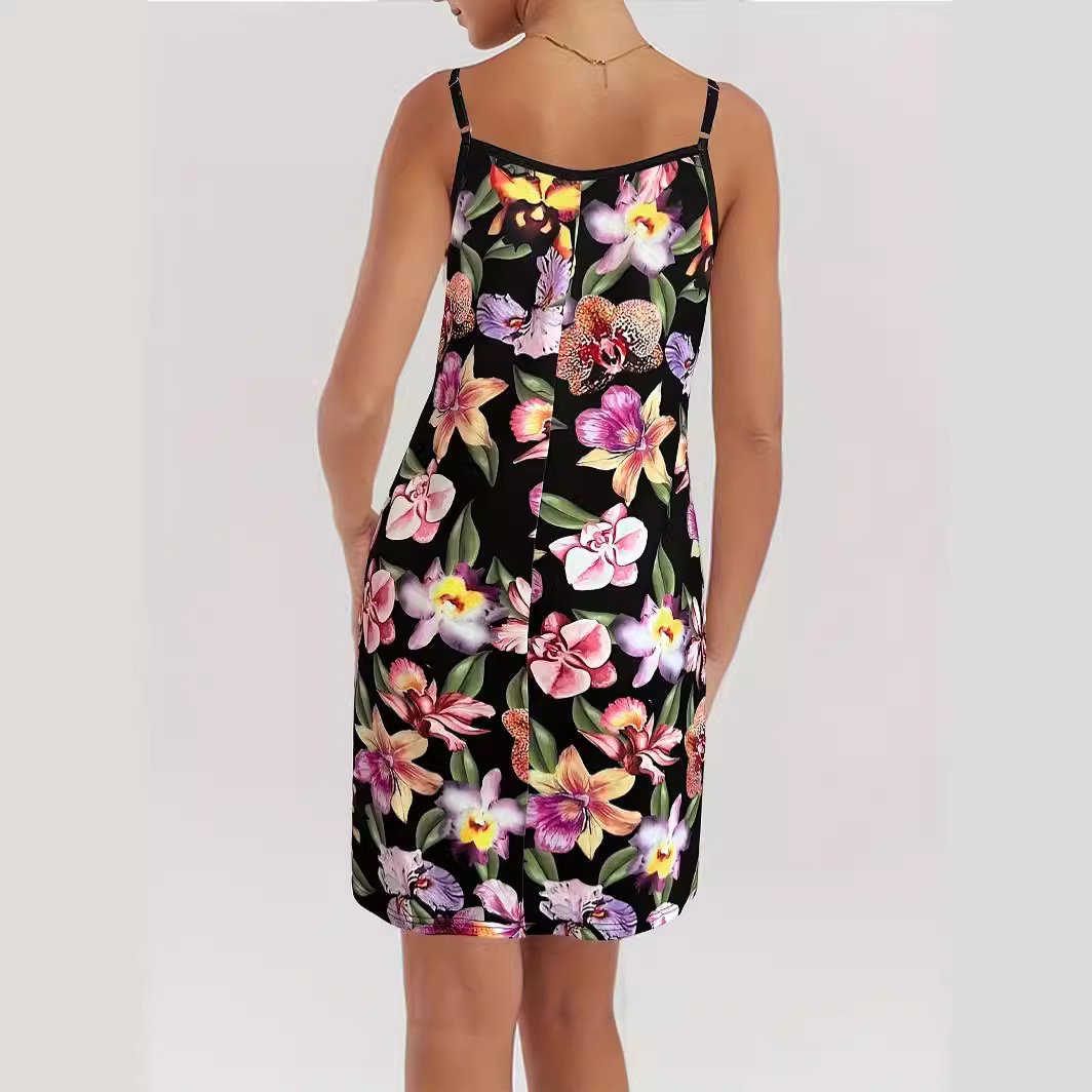 Floral Print Sleeveless Midi Dress with Round Neck