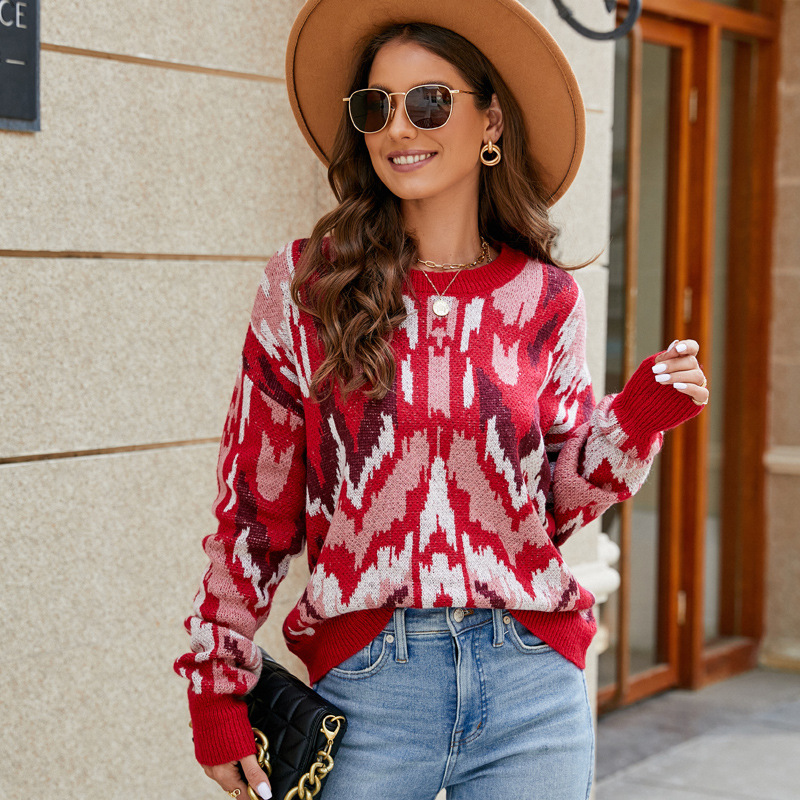 Retro Color-Block Jacquard Pullover Sweater Women Loose Long Sleeve Knit Top