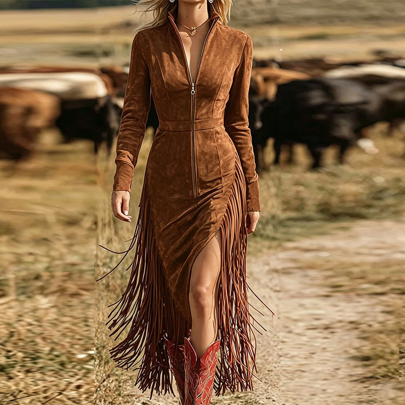 Women's Western Faux Suede Fringe Midi Dress with Stand Collar and Zip