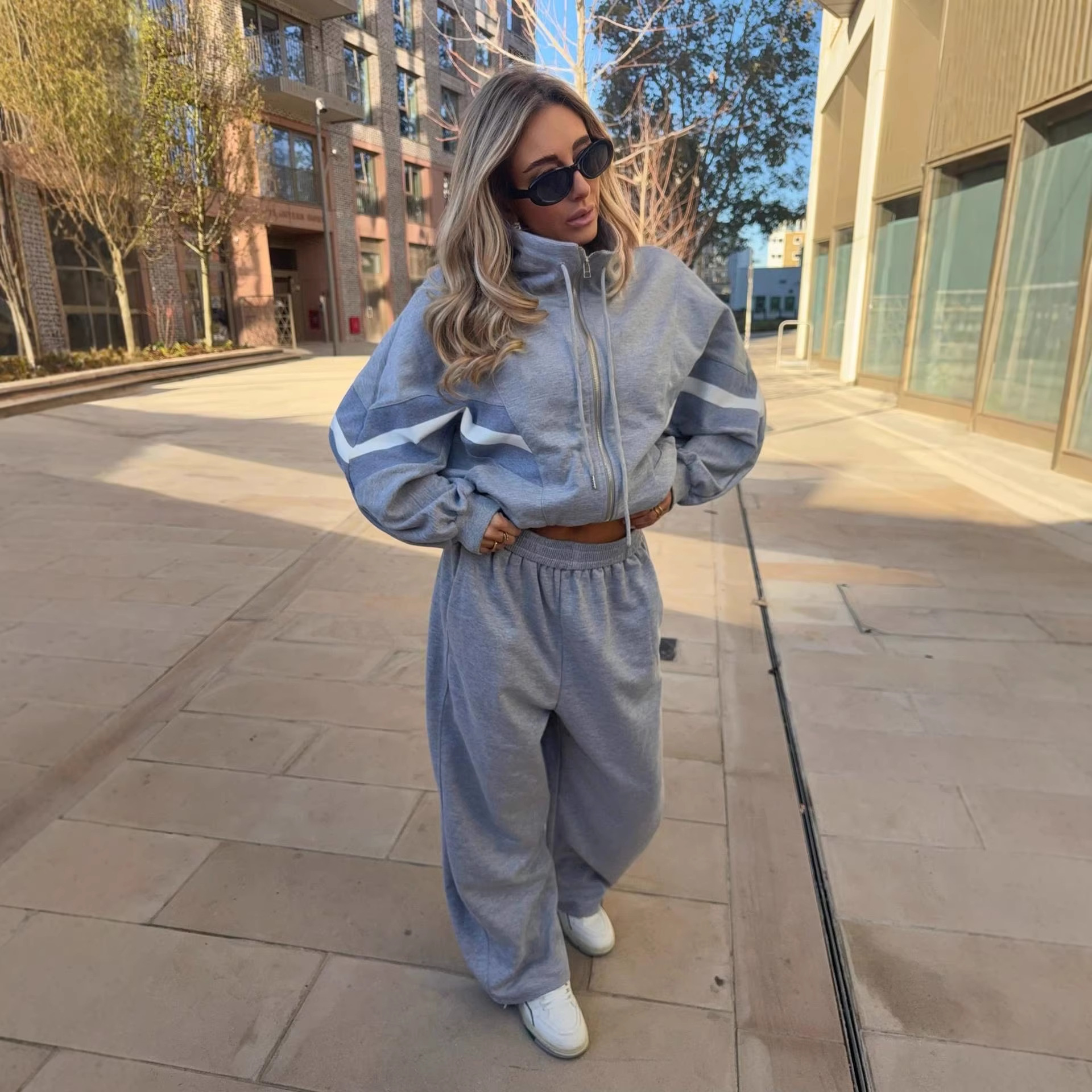 Women's Long Sleeve Casual Two-Piece Pant Set with Colorblock Detail