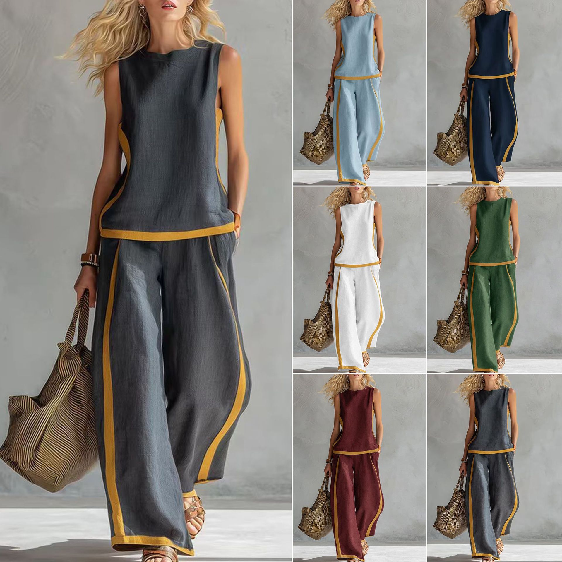 Sleeveless Colorblock Wide-Leg Pants Set Summer Casual Two-Piece