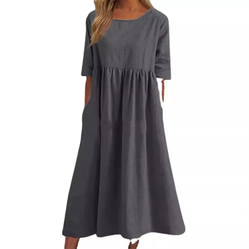 Women's Cotton Linen Round Neck Half Sleeve Loose Long Solid Dress
