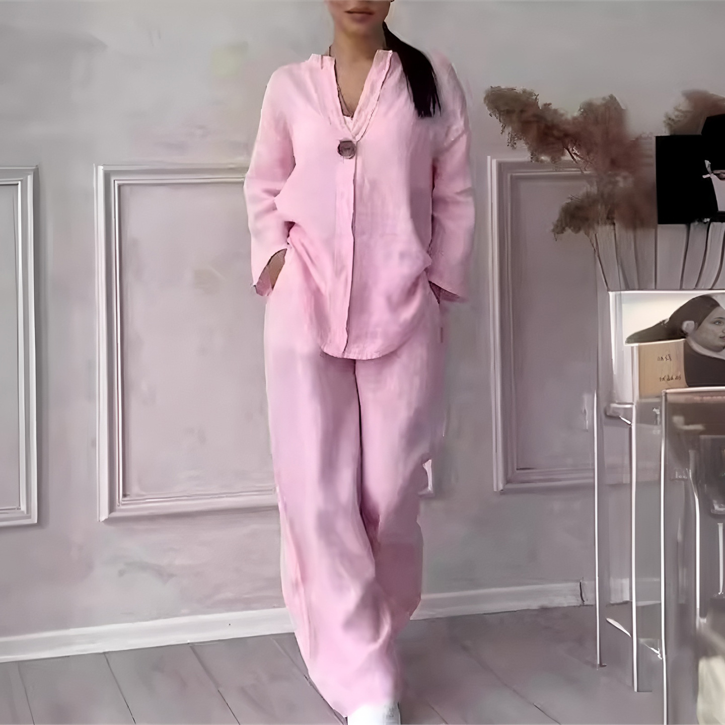 Women's Solid Color Short Sleeve Shirt and Long Pants Set Casual Two-Piece Outfit