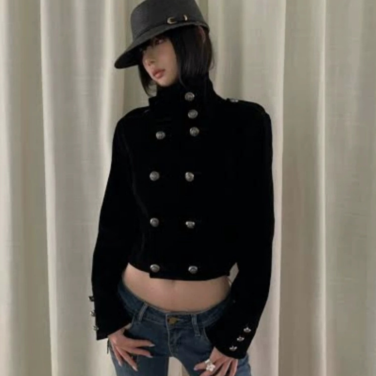 Women's Double-Breasted Tweed Jacket with Stand Collar