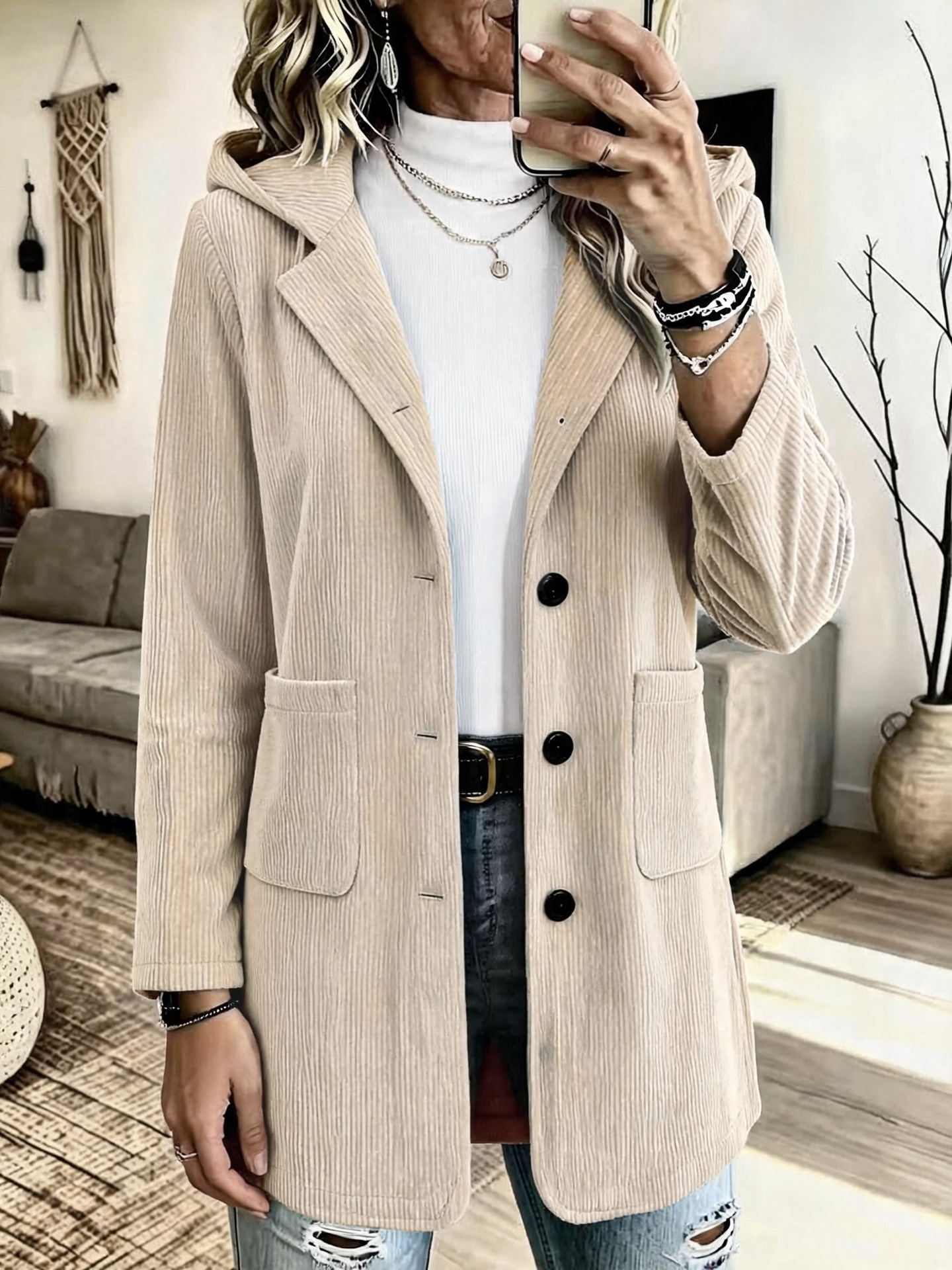 Women's Hooded Corduroy Mid-Length Loose Casual Jacket