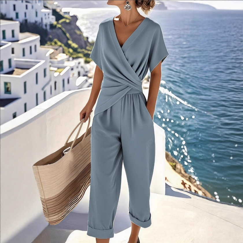 Women's Solid Color Asymmetric Short Sleeve Pant Set
