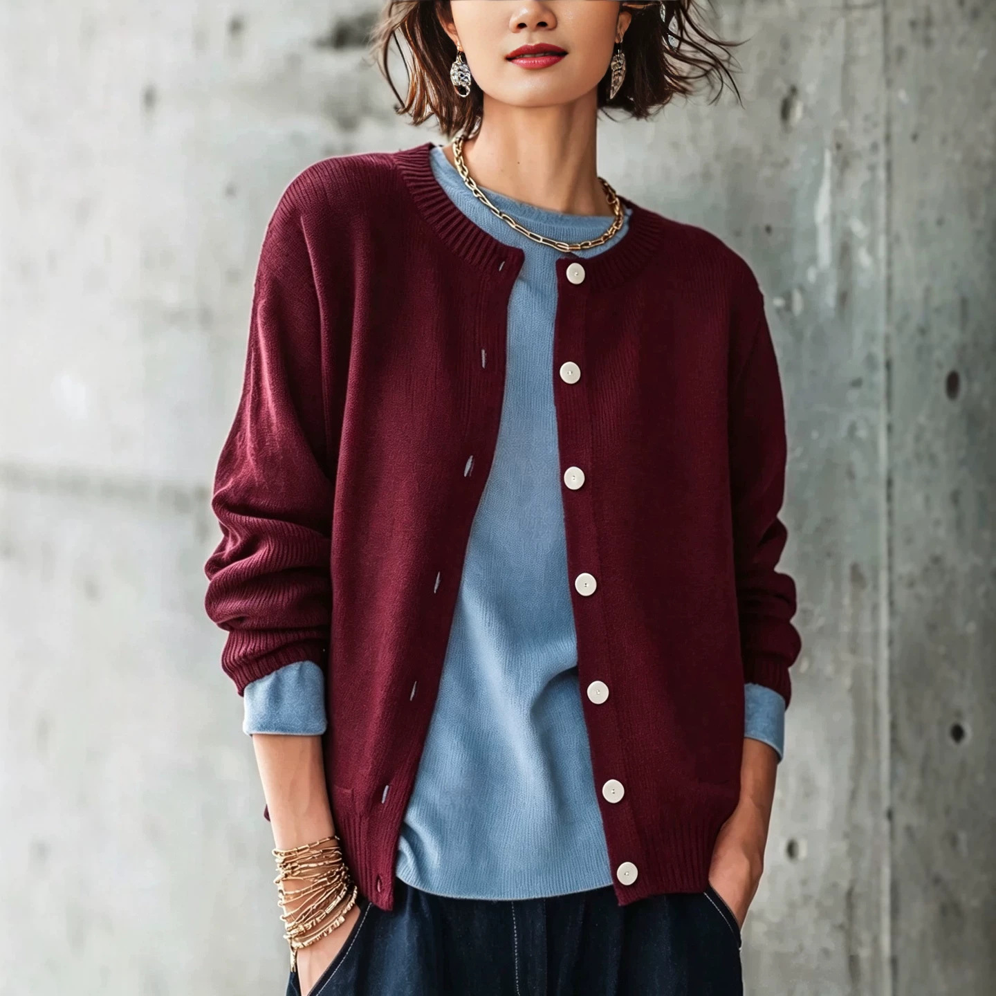 Women's Solid Crewneck Knit Cardigan Long Sleeve Button Casual Sweater Coat
