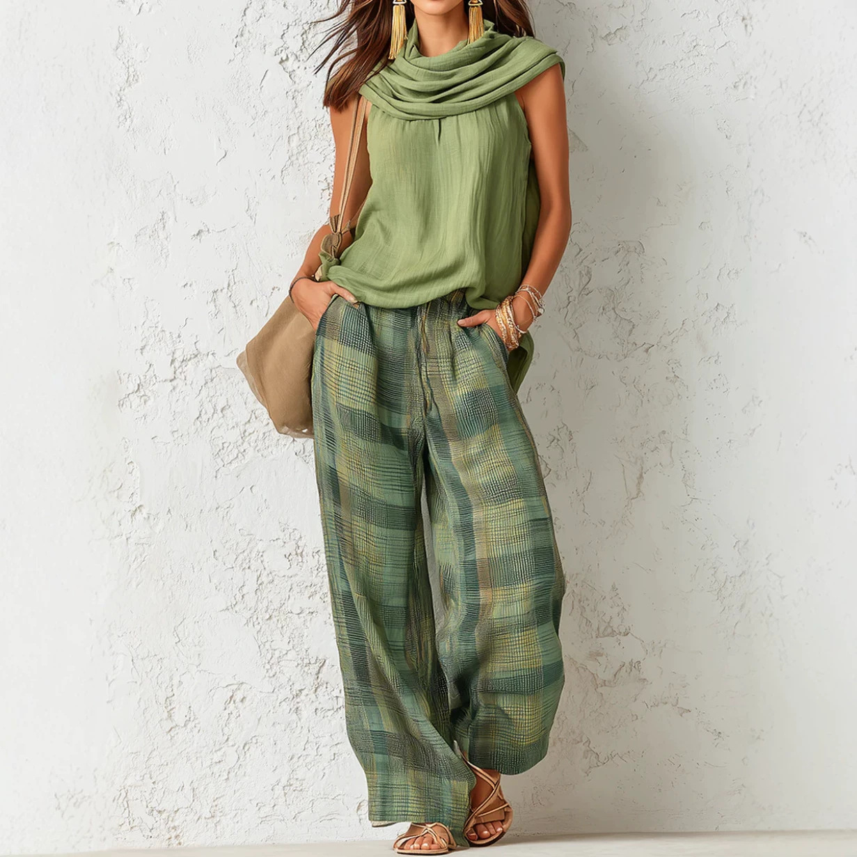 Women's Retro Sleeveless Top and Plaid Pants Set