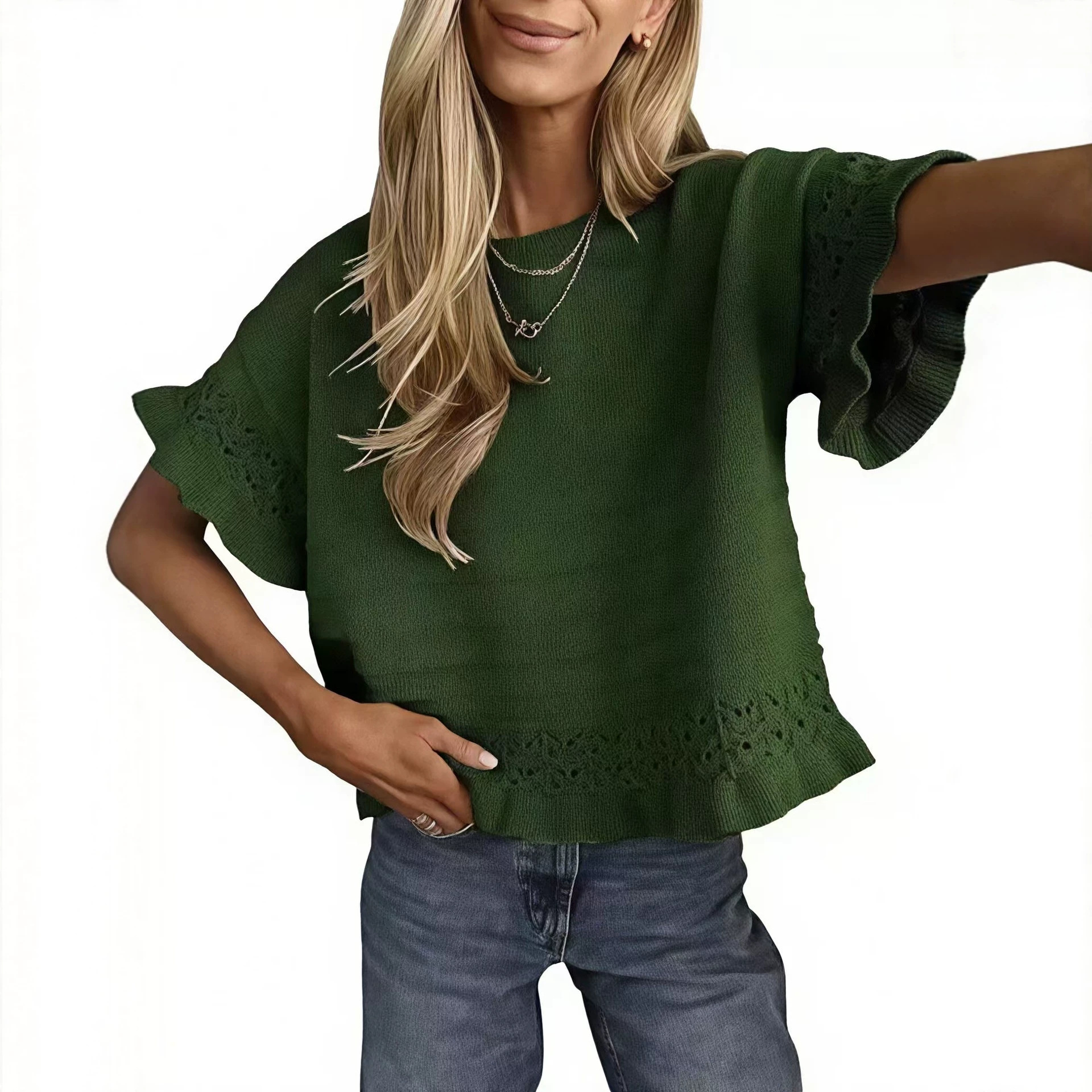 Women's Round Neck Hollow-Out Knit Short Sleeve Ruffle Loose Sweater
