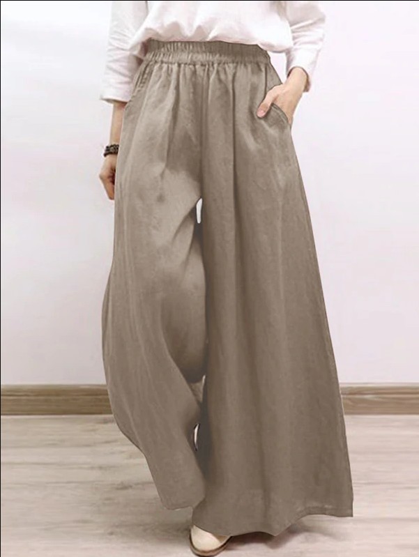 Women's Solid Cotton-Blend Wide-Leg Casual Pants