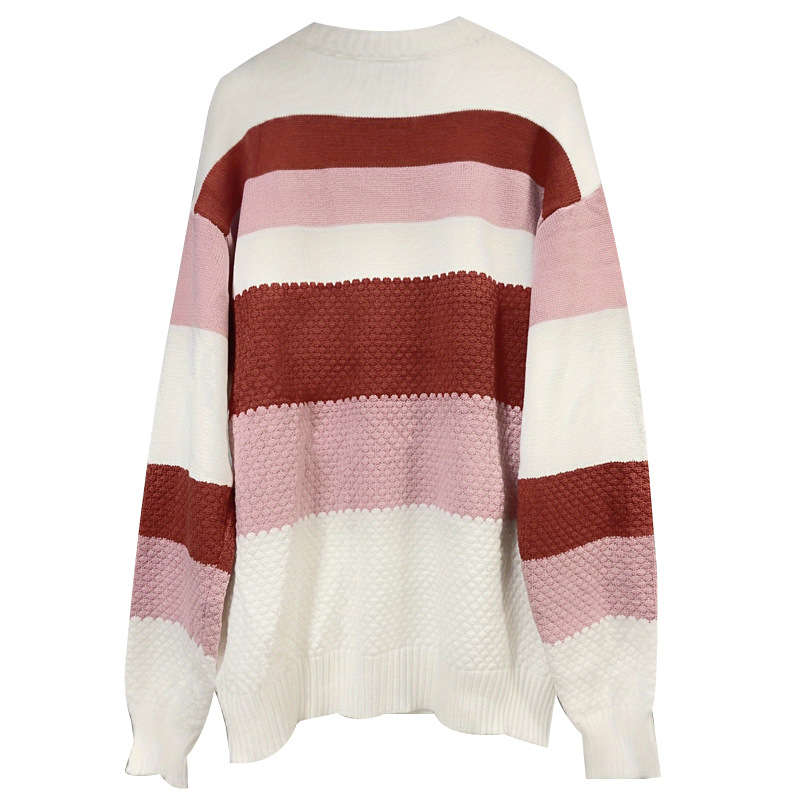 Striped Textured Pullover Sweater for Women Crew Neck Long Sleeve Casual