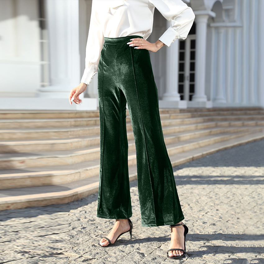 Women's High-Waist Velvet Flare Pants with Patchwork Detail