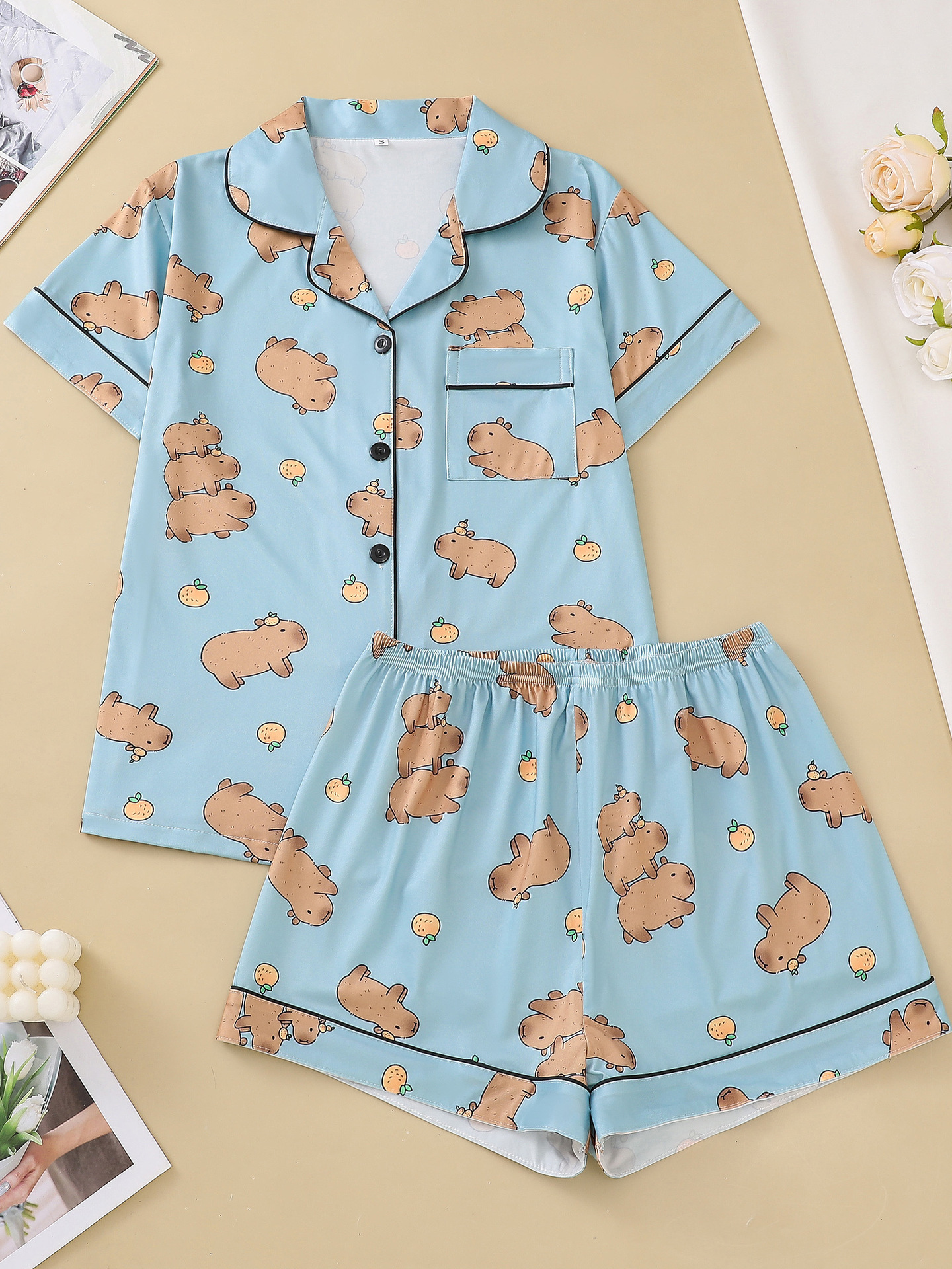 Women's Cute Capybara Print Cuban Collar Short Sleeve Two-Piece Set