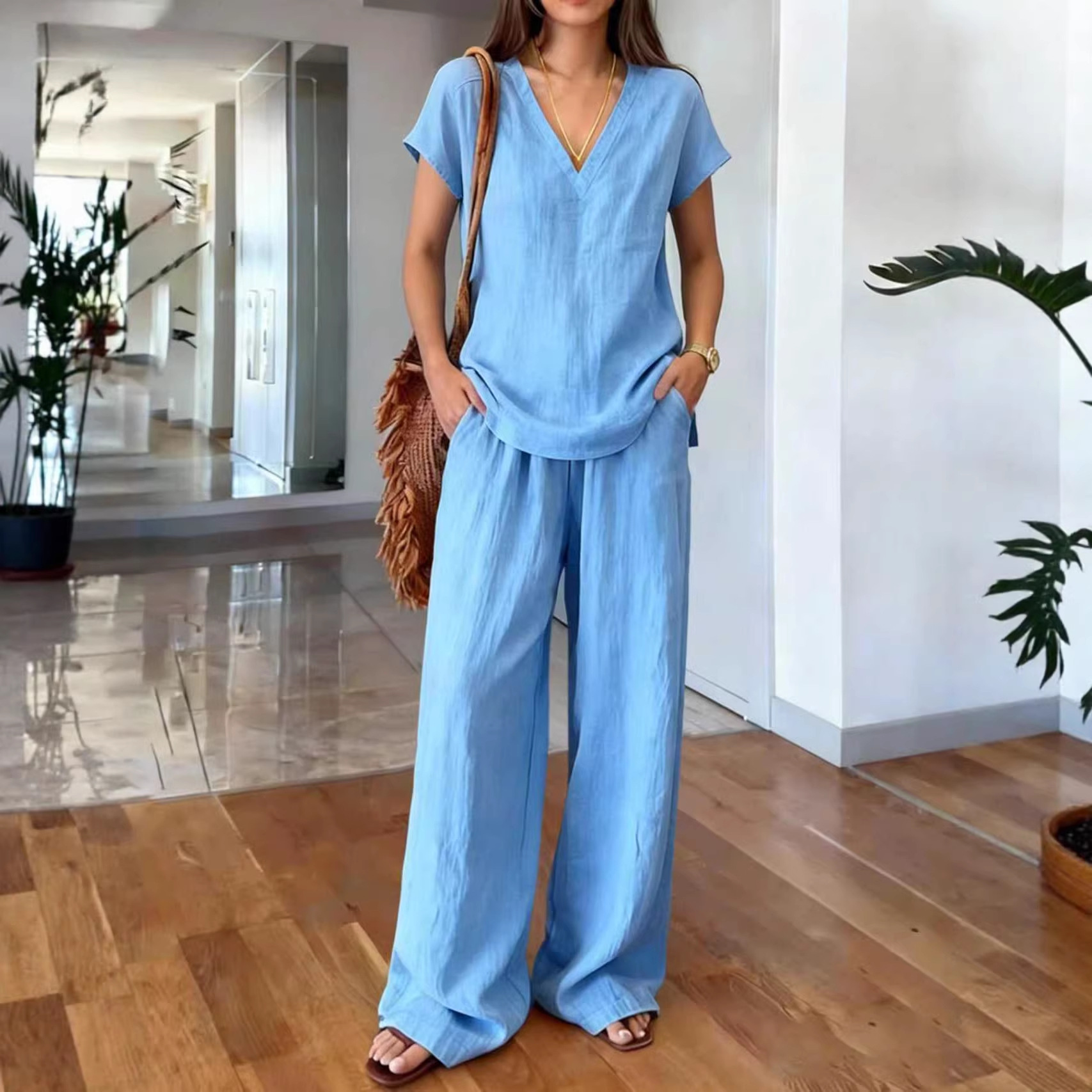 Women's Solid Color Summer Two-Piece Pants Set with T-Shirt