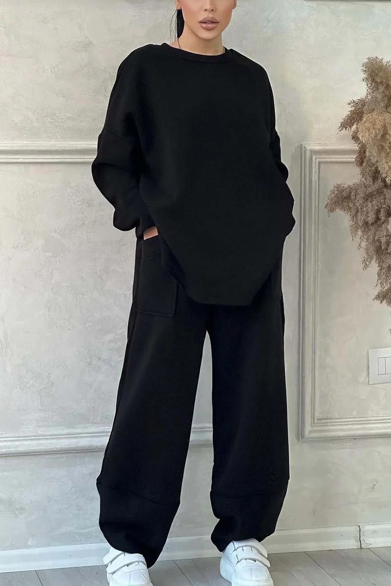Women's Solid Color Crewneck Long Sleeve Pocket Sweatsuit Loose Fit