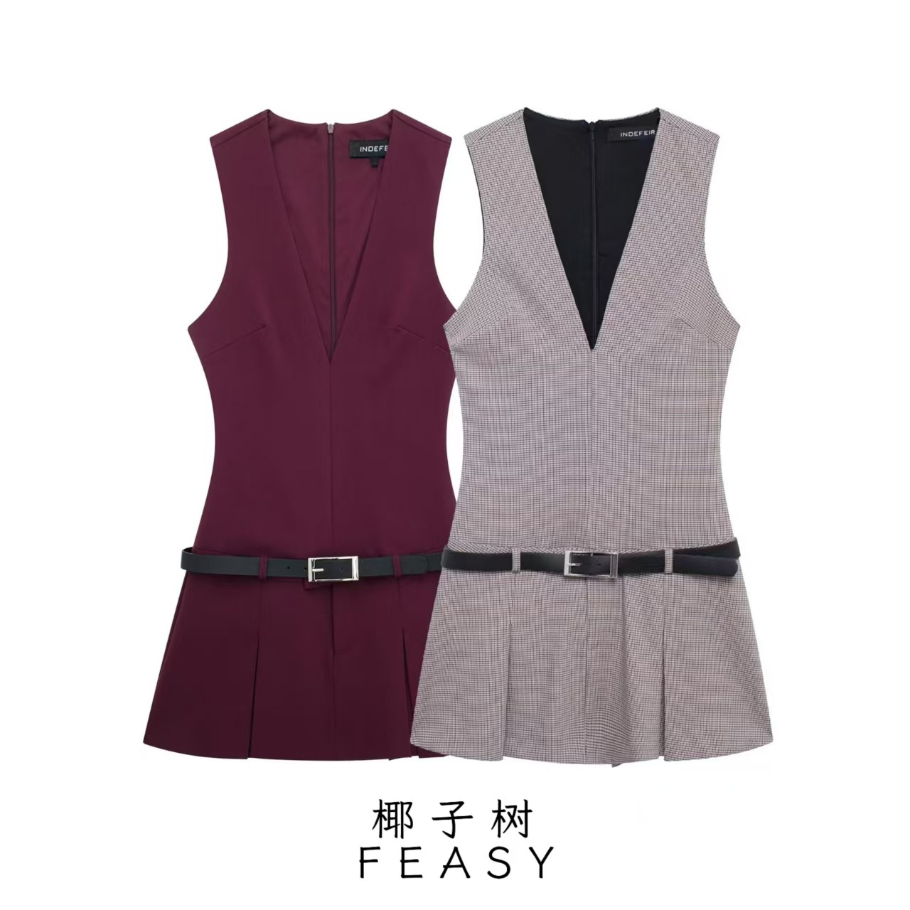 Women's Belted Pleated Midi Dress with V-Neck, Sleeveless, Polyester, Khaki/Red