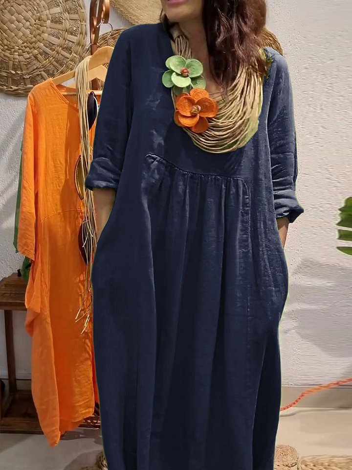 Women's V-Neck Cotton-Linen Casual Dress Solid Color A-Line Midi