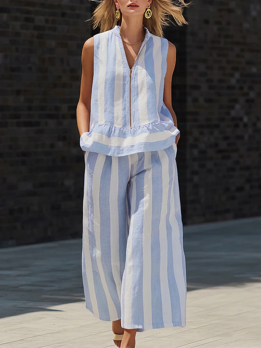 Women's Sleeveless Zip-Up Collared Shirt and Striped Pants Two-Piece Set