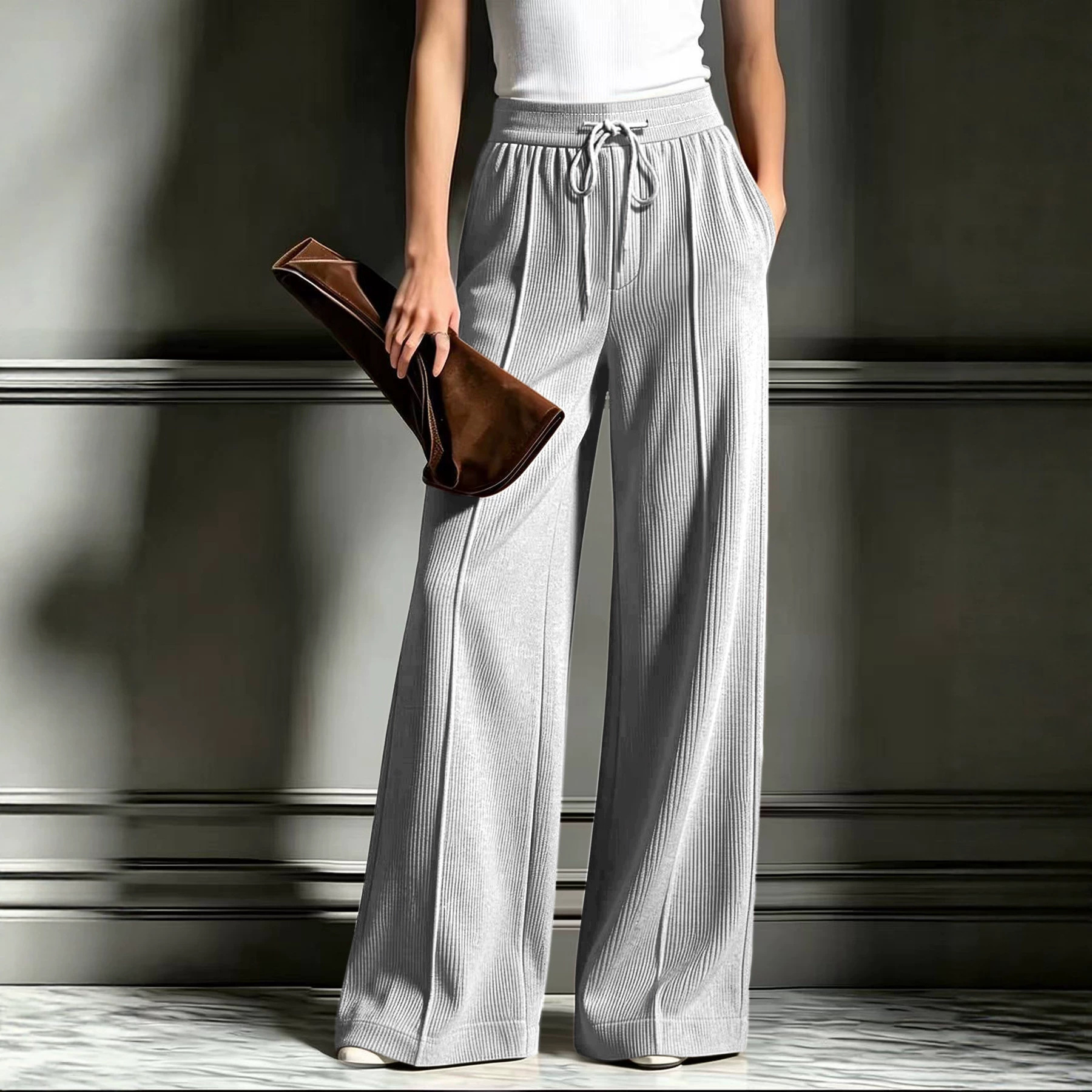 Ribbed Knit Wide-Leg Pants with Pockets