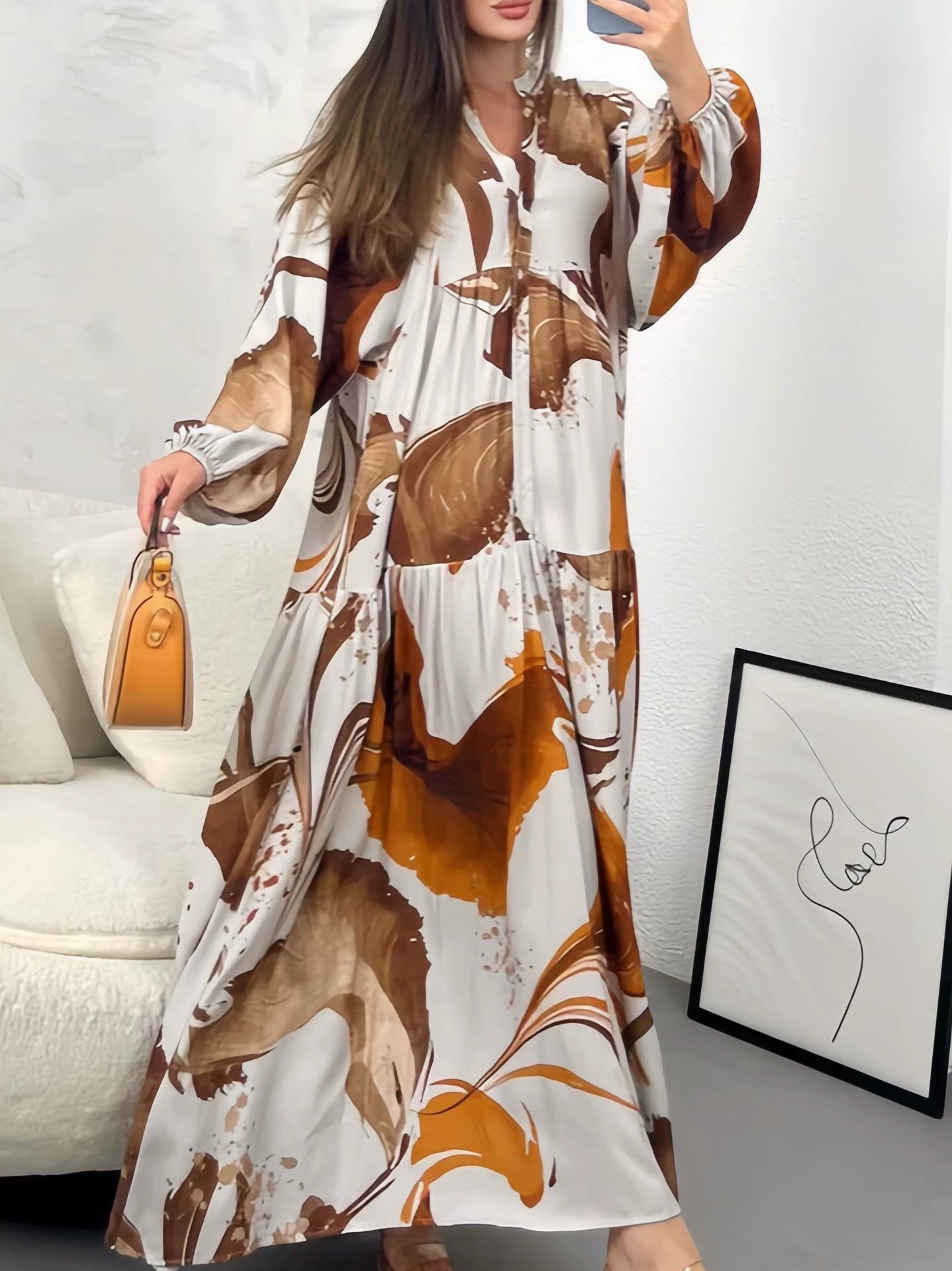 Printed V-Neck Long-Sleeve Loose Casual Maxi Dress