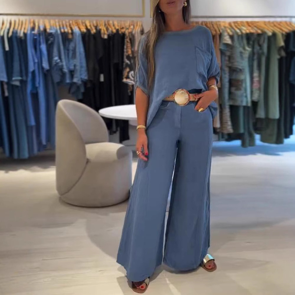 Women's Solid Color Round Neck Wide-Leg Pants Set Casual Two-Piece