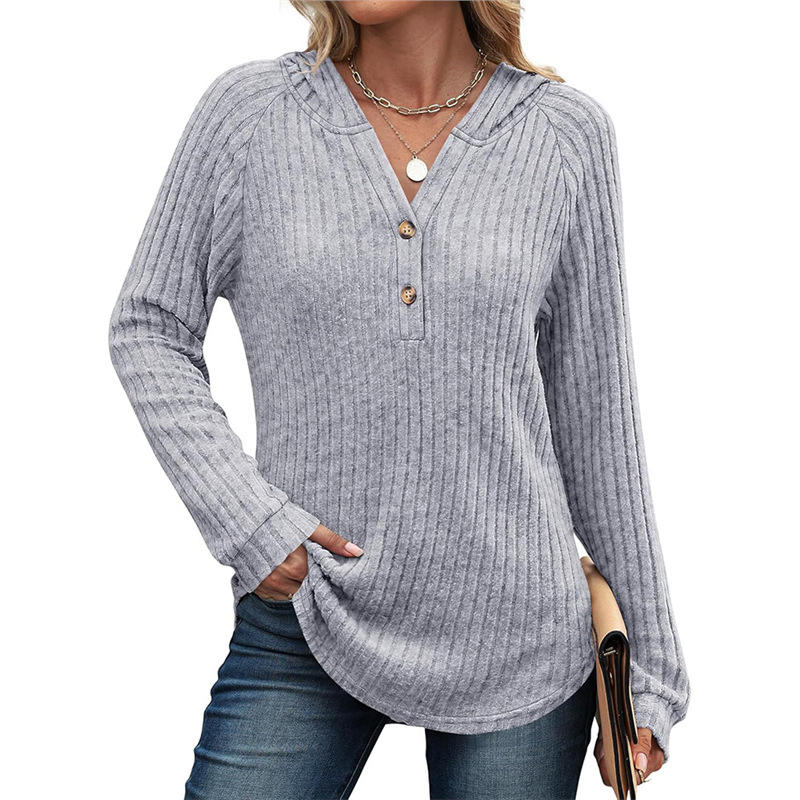 Women's Solid V-Neck Button Loose Hooded Fleece Knit Top