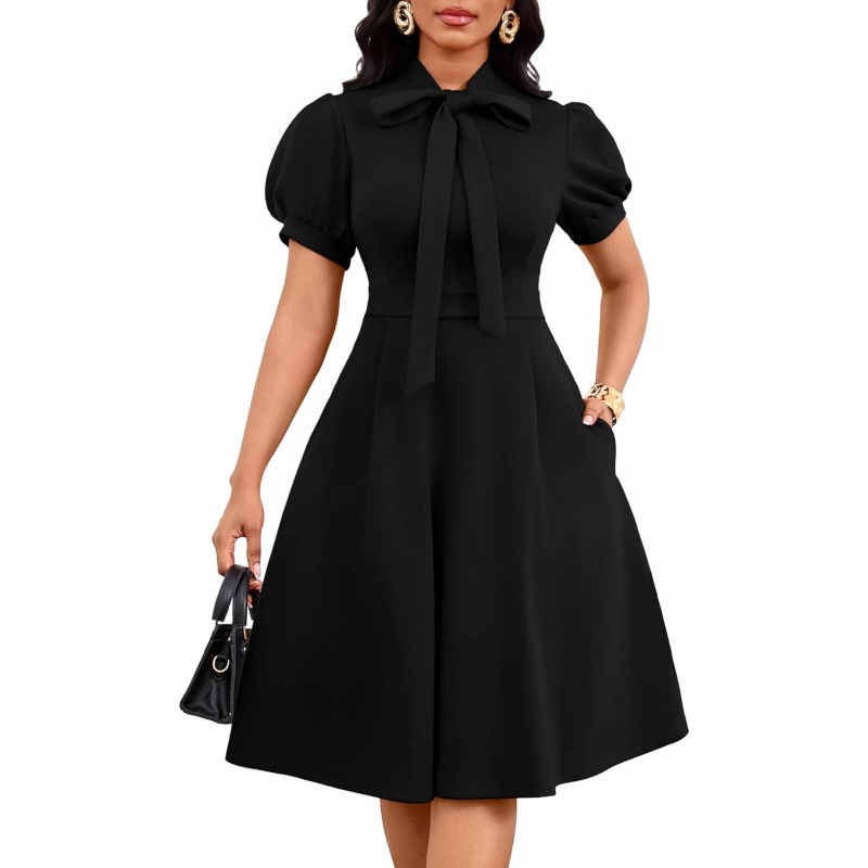 Women's Puff Sleeve Midi Dress A-Line Tie-Neck