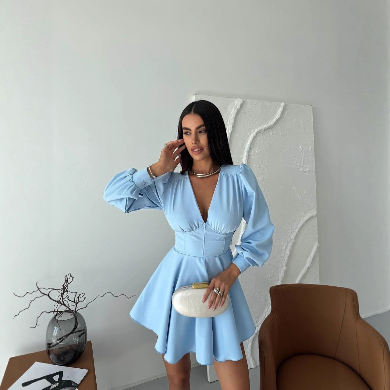 Women's V-Neck Puff Sleeve High Waist A-Line Dress