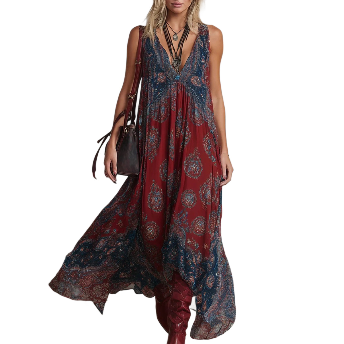 V-Neck Sleeveless Printed Maxi Dress
