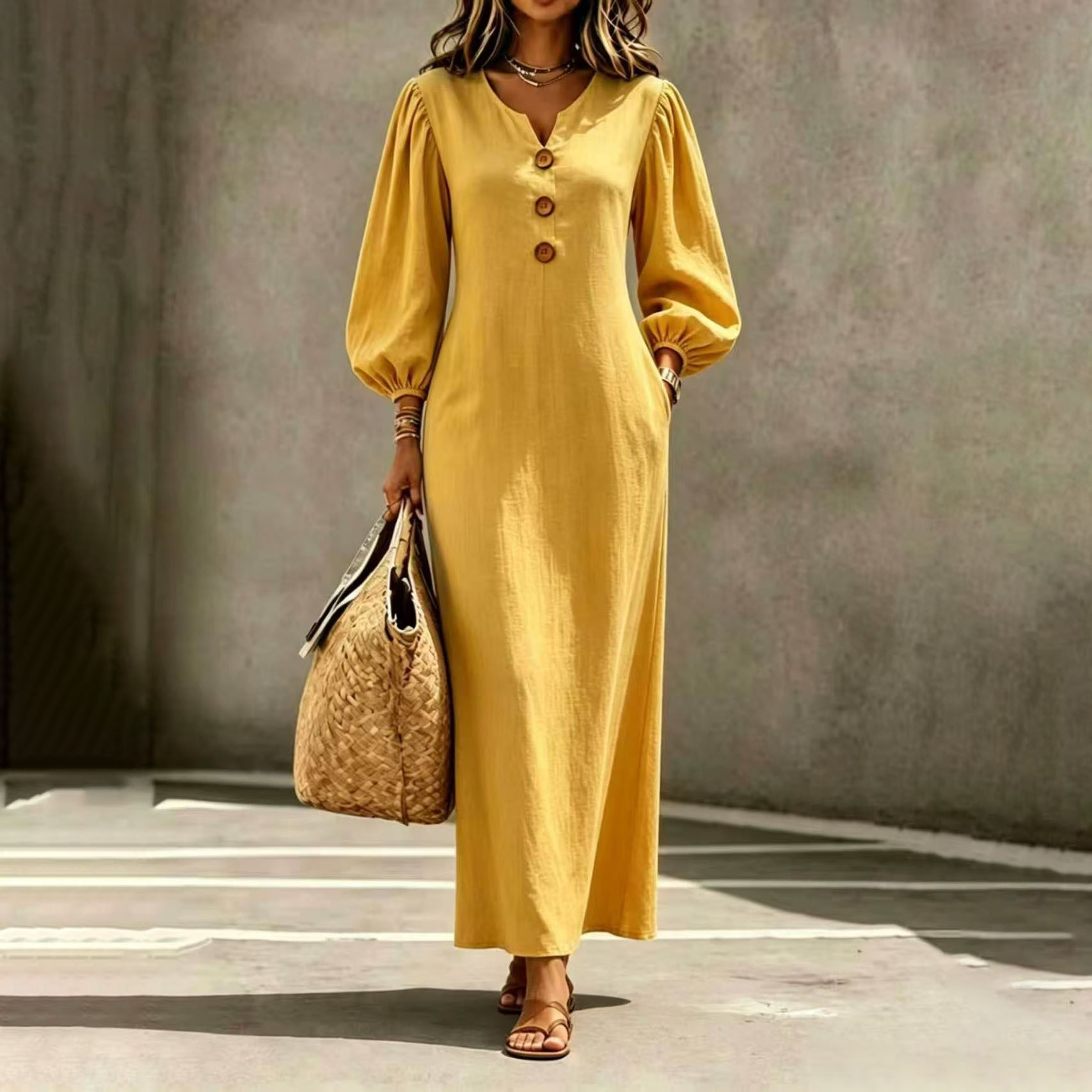 Women's V-Neck Button Bubble Sleeve Loose Long Dress