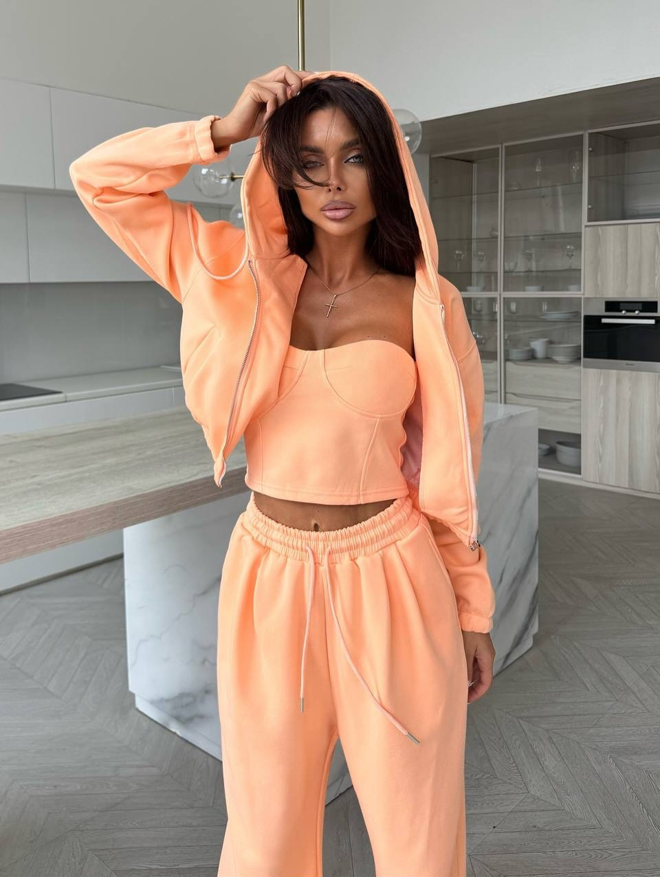 Women's Solid Color Hooded Zip Cardigan Sweatshirt and Wide-Leg Pants Two-Piece Set