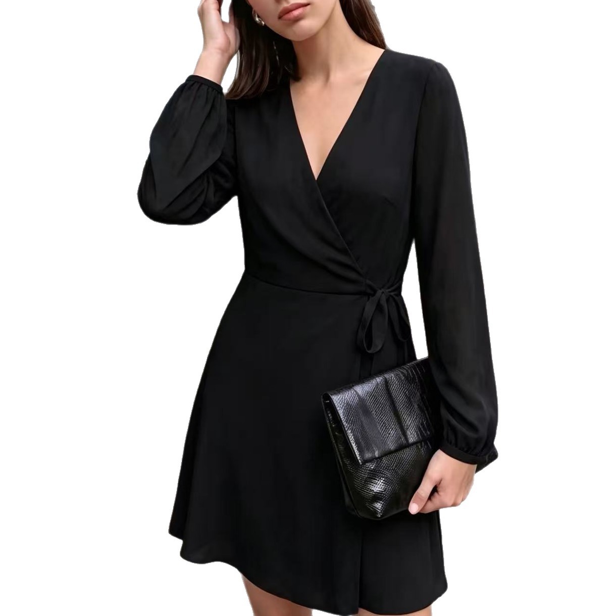 V-Neck Wrap Dress with Long Puff Sleeves and Waist Tie