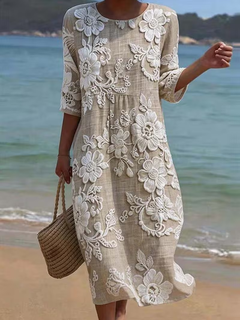 Women's Vintage Floral Print Pleated Midi Dress