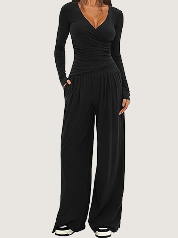 Women's Wide-Leg Pants Set Long Sleeve Solid Color Two-Piece Outfit