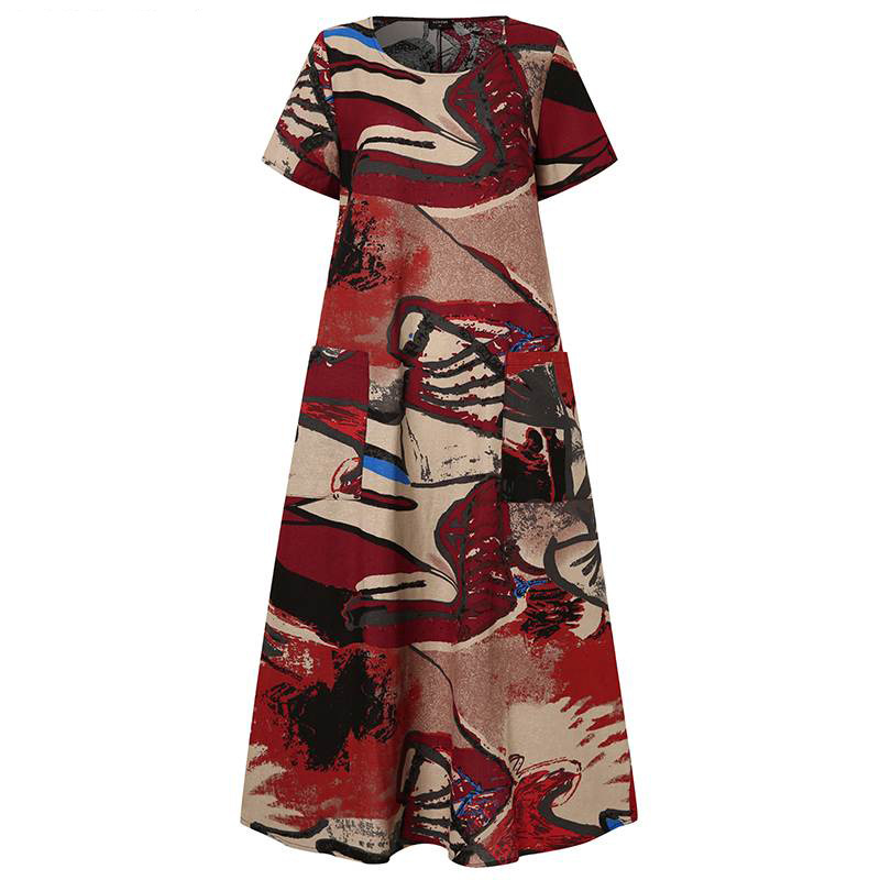 Women's Summer Short Sleeve Printed Casual Long Dress