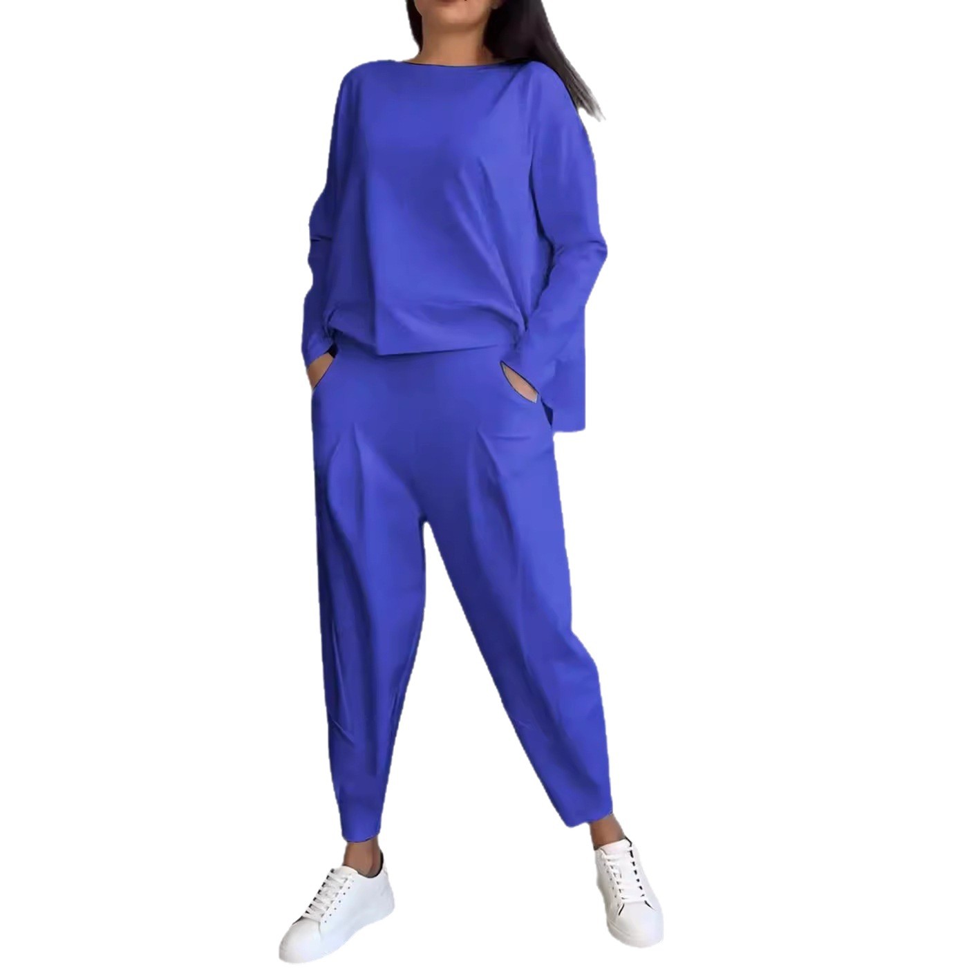 Women's Two-Piece Solid Crewneck Long-Sleeve Top and Jogger Pants Set