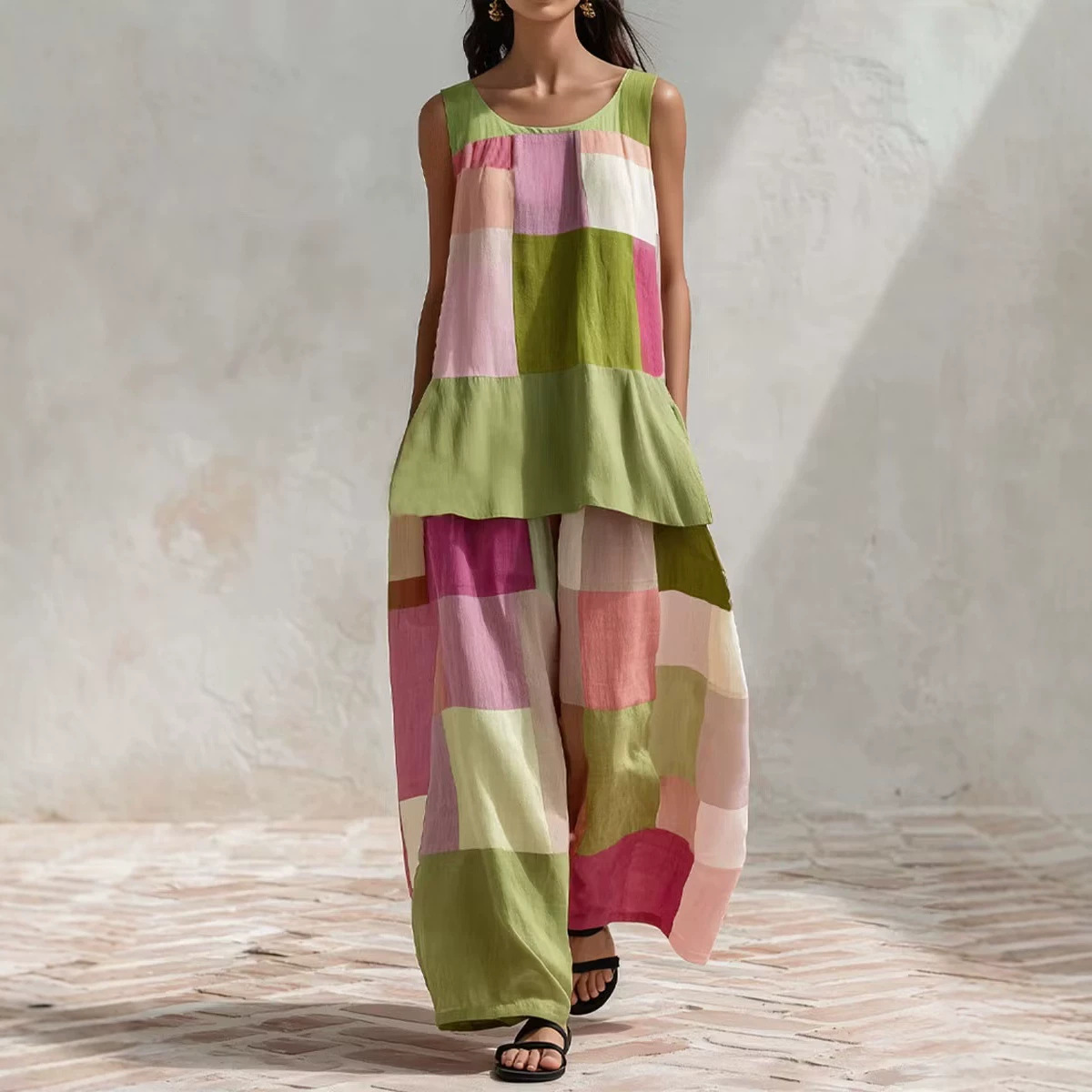 Boho Colorblock Print Sleeveless Shirt & Pants Set
