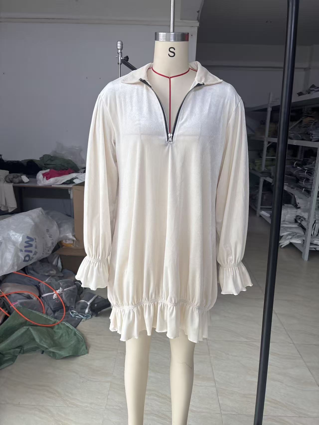 Velvet Half-Zip Stand Collar Bell Sleeve Babydoll Dress