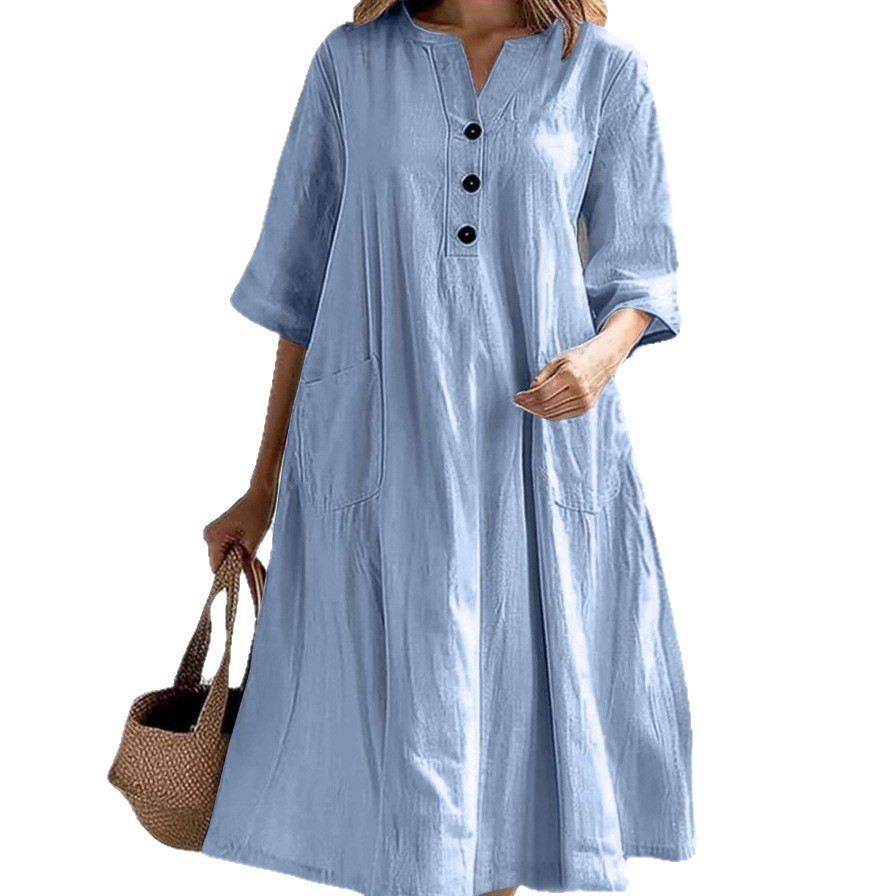 Women's Midi V-Neck Half-Sleeve Cotton-Linen Loose Dress with Three Buttons and Pockets