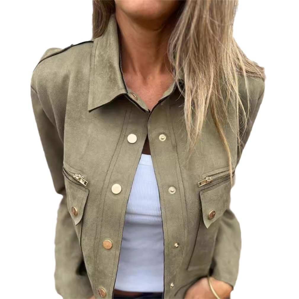 Suede Jacket with Lapel Collar and Metallic Zip