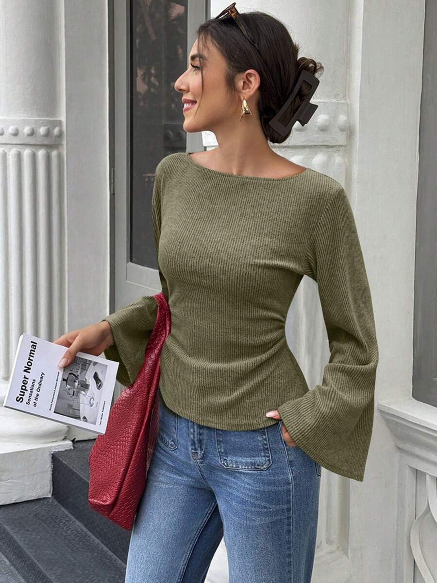 Slim Fit Knit Top with Round Neck and Flared Sleeves