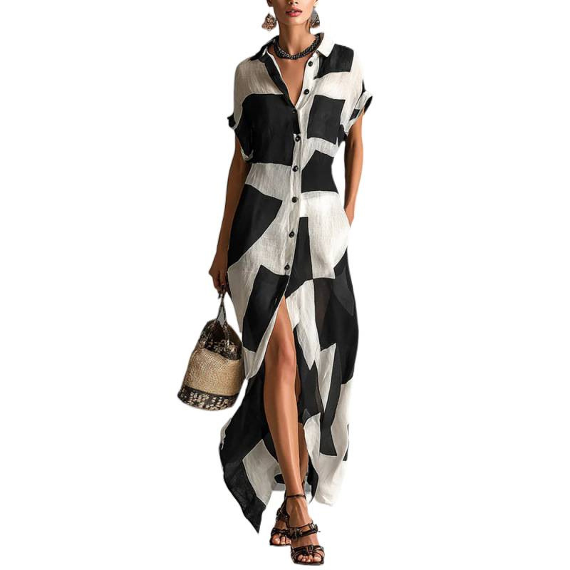 Geometric Print Shirt Dress Short Sleeve Midi