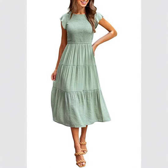 Women's Flutter Sleeve Ruched Tiered Short Sleeve Swing Dress