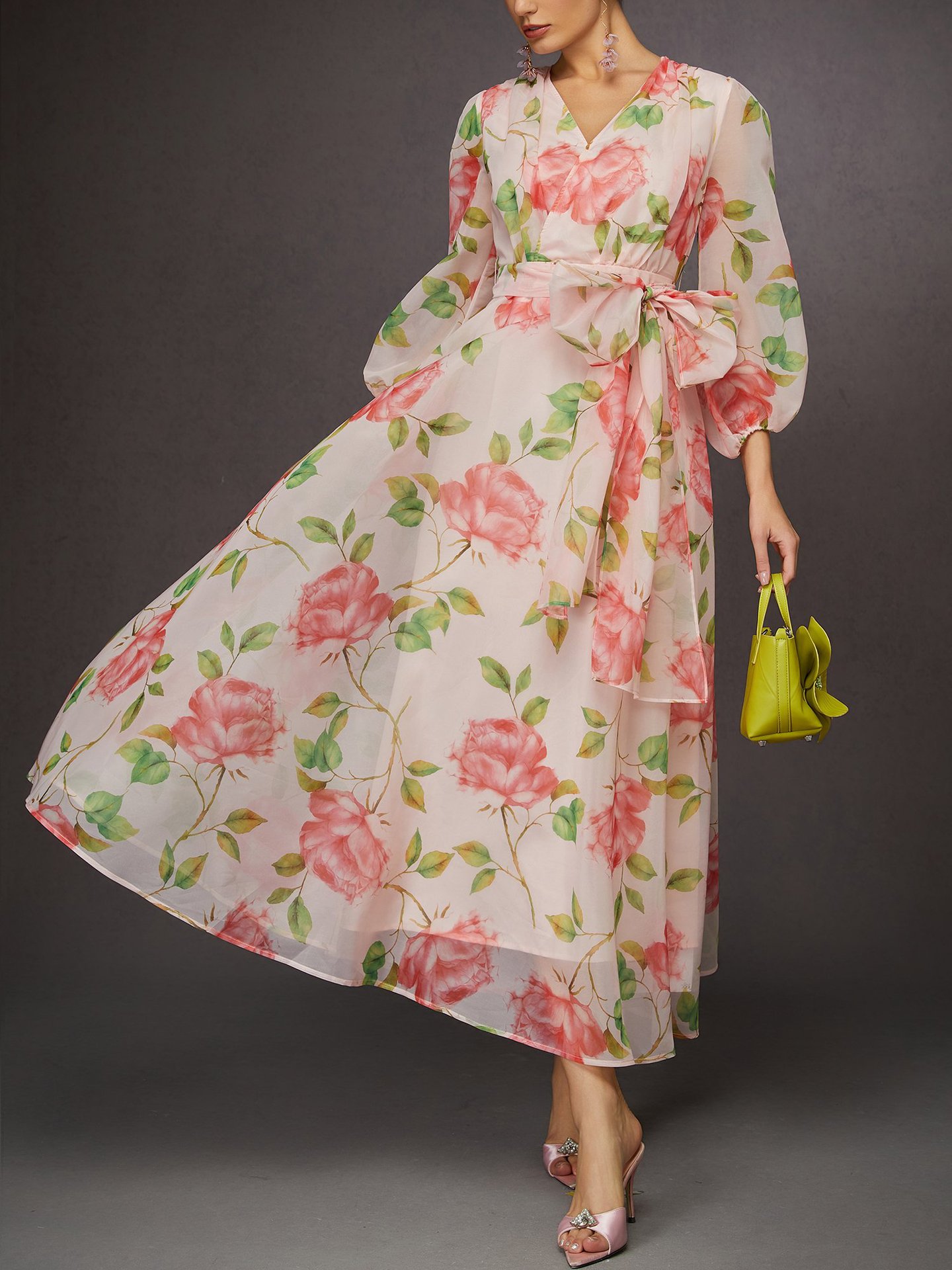 French-Style 3D Floral Waist-Cinched Ruffle Mesh Dress