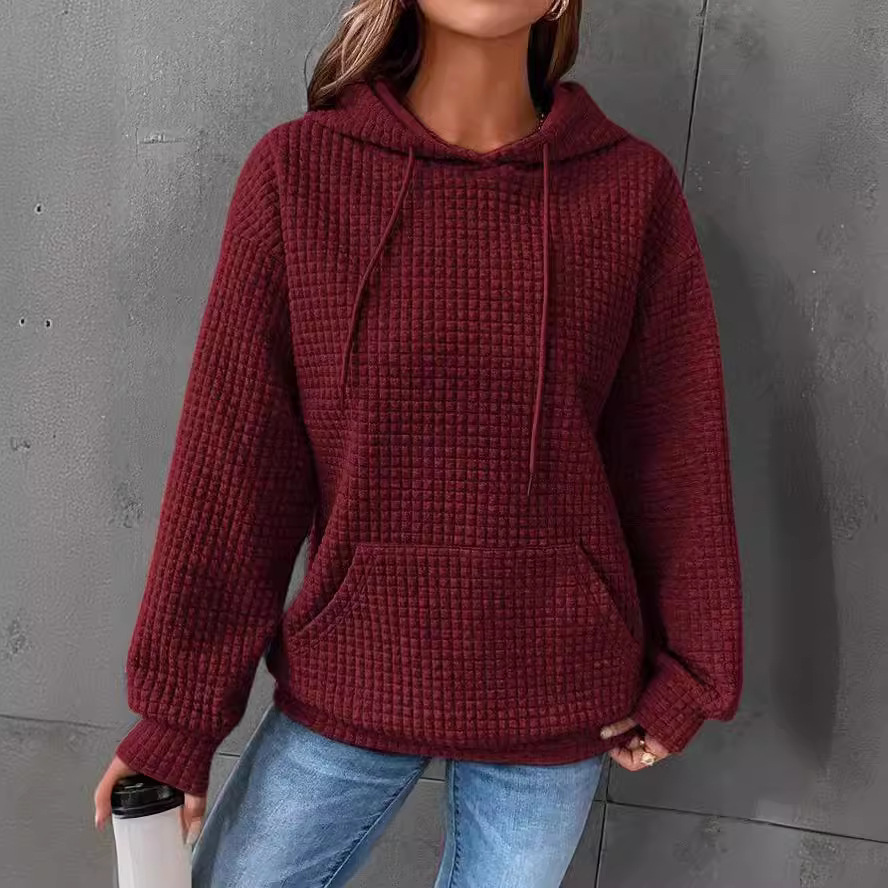 Women's Waffle Knit Hooded Long-Sleeve Pullover Sweatshirt Solid Color