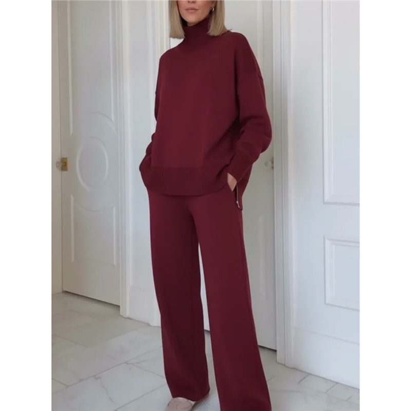 Women's Relaxed Solid Color Sweatshirt & Wide-Leg Pants Two-Piece Set