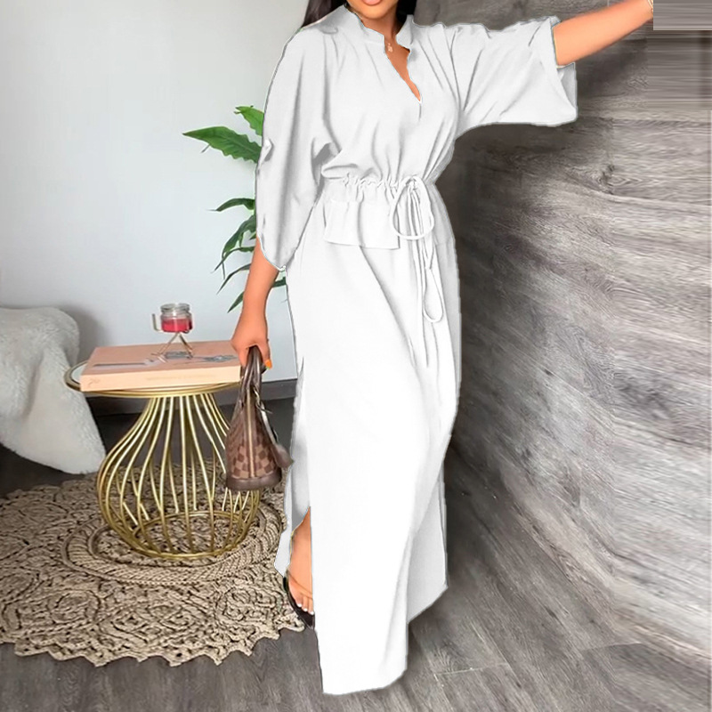 Women's Stand Collar Slit Solid Color Long Dress