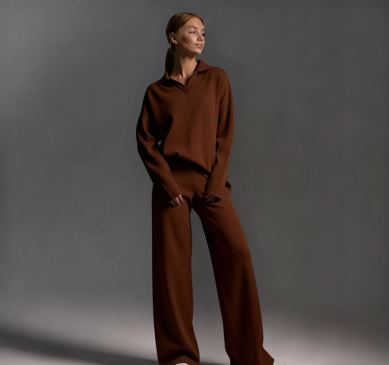 Polo Neck Pullover & Wide Leg Pants Two-Piece Set